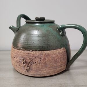 Handcrafted Green and Brown Ceramic Teapot